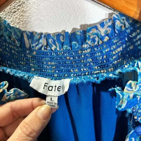 Fate Blue Paisley Smocked Waist Mini Dress Long Sleeve Boho Size L - Picture 2 of 4